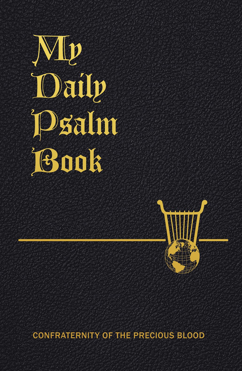 Cover of 'My Daily Psalm Book' featuring text and a small illustration of a harp-like instrument on a dark background.