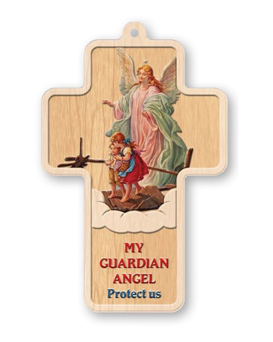 A laser cut wooden cross with an illustration of an angel and a child, and the phrase 'MY Guardian Angel Protect Us' printed at the bottom.