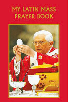 Cover of 'My Latin Mass Prayer Book' featuring a photograph of a priest celebrating Mass, with the title text at the top.
