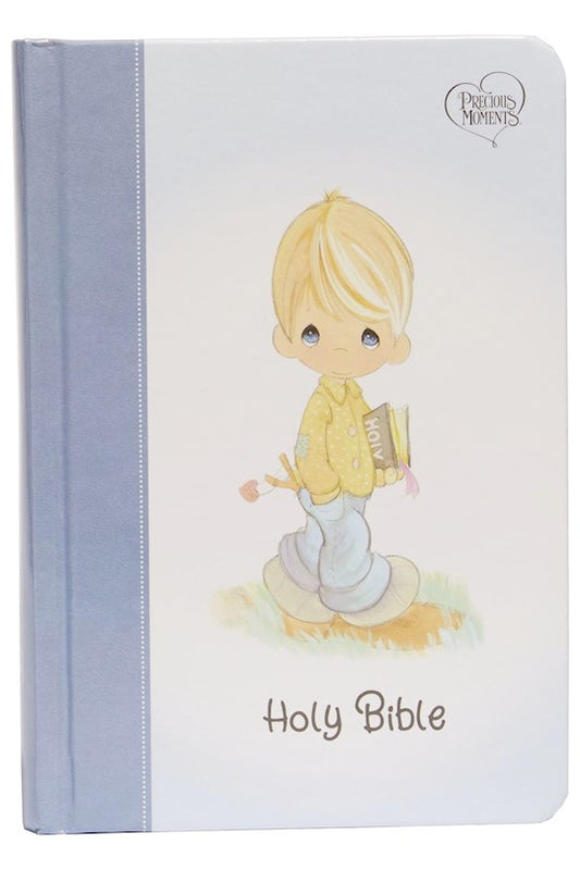A children's edition of the Holy Bible with a illustration of a child character on the cover, titled 'Precious Moments Holy Bible New King James Version'. The Bible is predominantly white and blue with a gold accent.