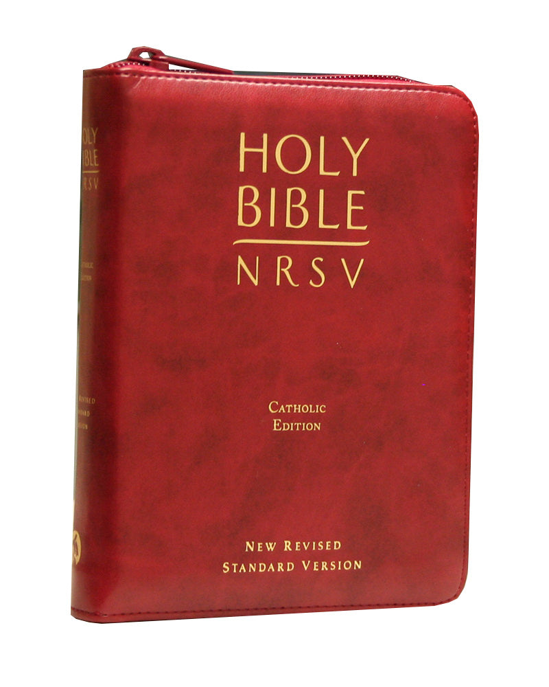A red imitation leather Bible with a zipper, titled 'HOLY BIBLE NRSV' on the cover, indicating it is the New Revised Standard Version, Catholic Edition.