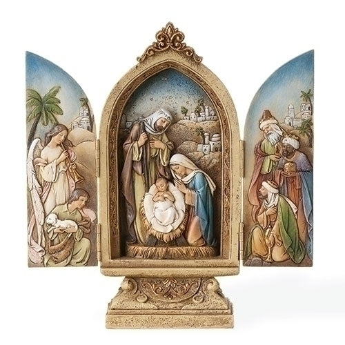 A triptych nativity set featuring the Holy Family with Kings and angels on the sides, in colors predominantly beige, gold, and various colors for clothing and background.