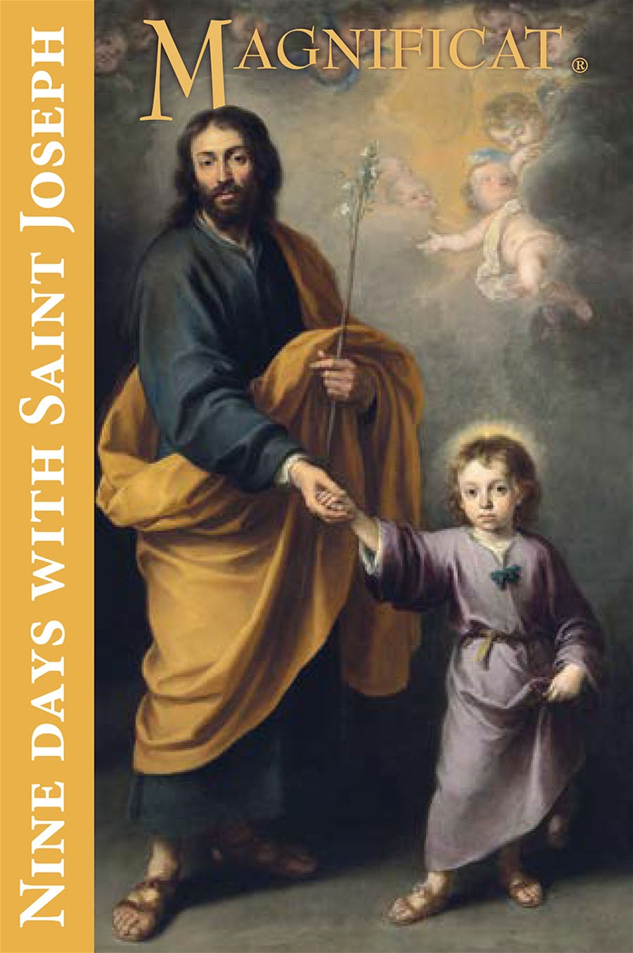 A cover image of a book titled 'Nine Days with St. Joseph' featuring a painting of Saint Joseph with a child, likely representing Jesus, with a halo over his head.