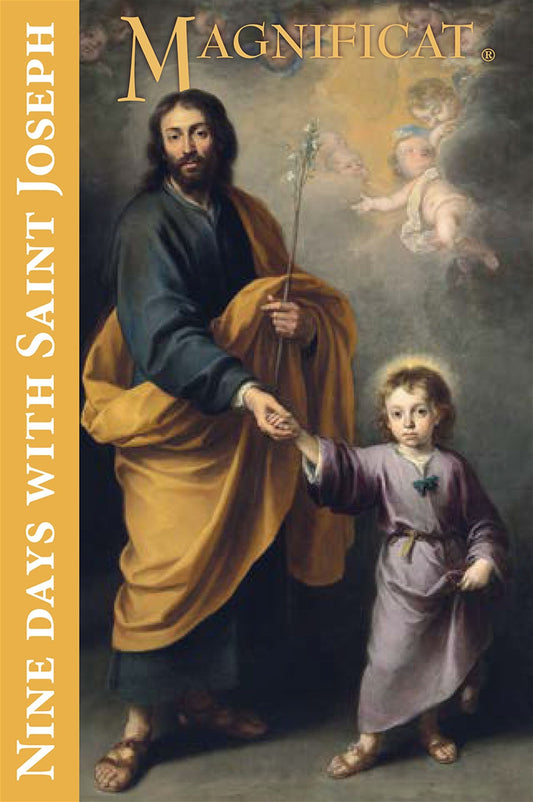 A cover image of a book titled 'Nine Days with St. Joseph' featuring a painting of Saint Joseph with a child, likely representing Jesus, with a halo over his head.