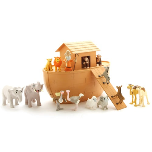 Noah's Ark playset made of plastic, including Noah and various animal figures, with the Ark floating on water.