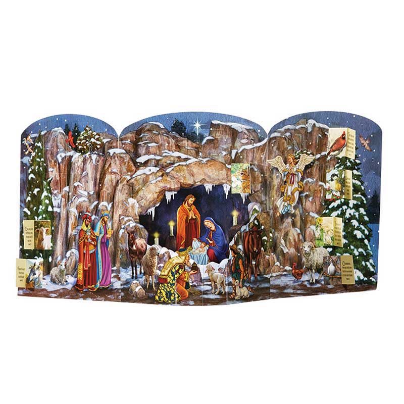 An illustrated advent calendar depicting the Holy Family in a cave during winter, with each window revealing a different scene.