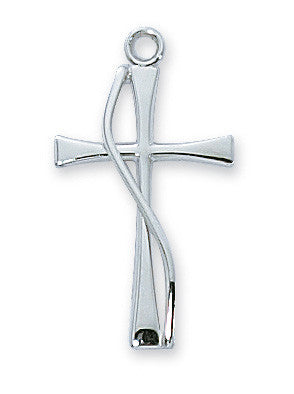 A sterling silver cross pendant with a twisted design, attached to a rhodium plated brass chain.