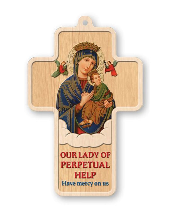 A laser cut wooden cross with an image of Our Lady of Perpetual Help in the center, along with the text 'Have mercy on us' at the bottom.