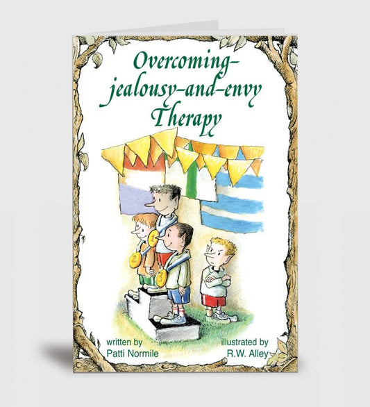 Cover of a self-help book titled 'Overcoming jealousy-and-envy Therapy', showing an illustration of two adults and three children with umbrellas, books, and a megaphone.