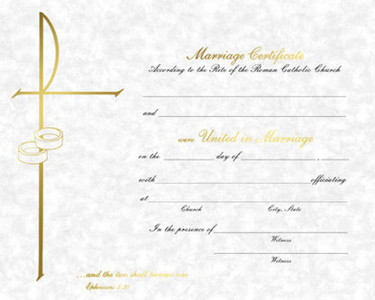 A sample image of a parchment-style marriage certificate with decorative borders and gold text, featuring the names of the couple and the date of the marriage.