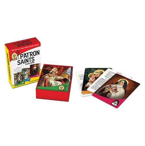 A set of colorful patron saints flash cards with images and biographies, displayed with its packaging gift box.