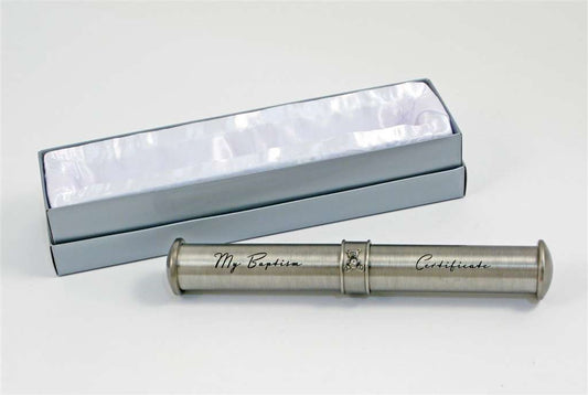A pewter engraved baptism certificate tube with a white interior, featuring the text 'MY BAPTISM CERTIFICATE' and a name 'Carolyn'.