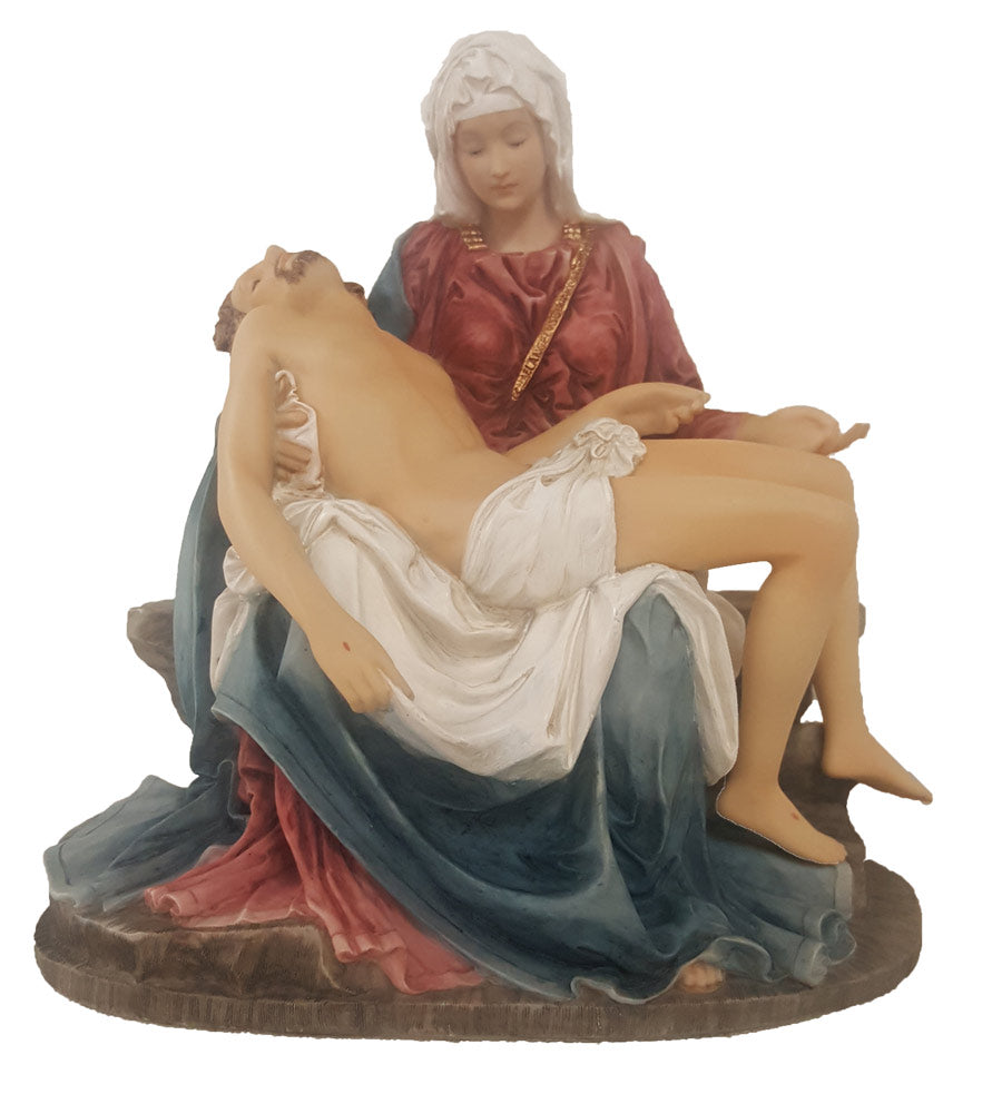 A hand-painted pieta statue made of fibreglass resin, depicting the seated figure of Mary, mother of Jesus, holding the dead body of Jesus. The statue is primarily colored in white, blue, and red garments.