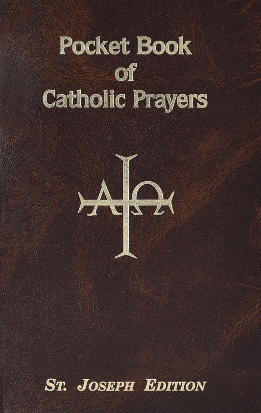 A pocket-sized maroon book titled 'Pocket Book of Catholic Prayers' with the St. Joseph Edition emblem and a cross symbol on the cover.