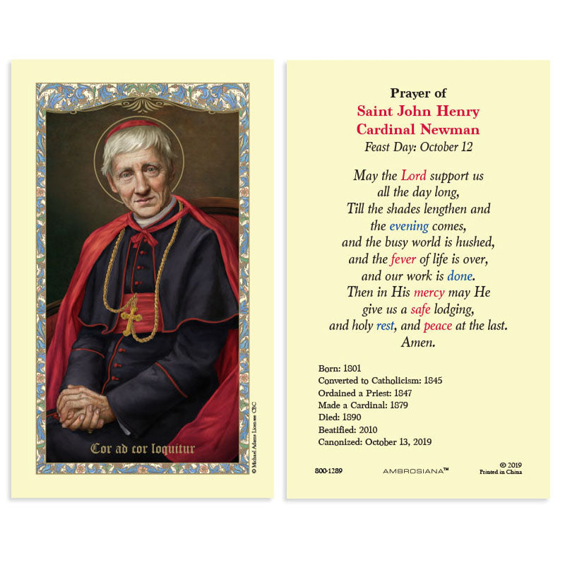 A laminated holy card featuring an image of Saint John Henry Cardinal Newman on the left and a prayer on the right.