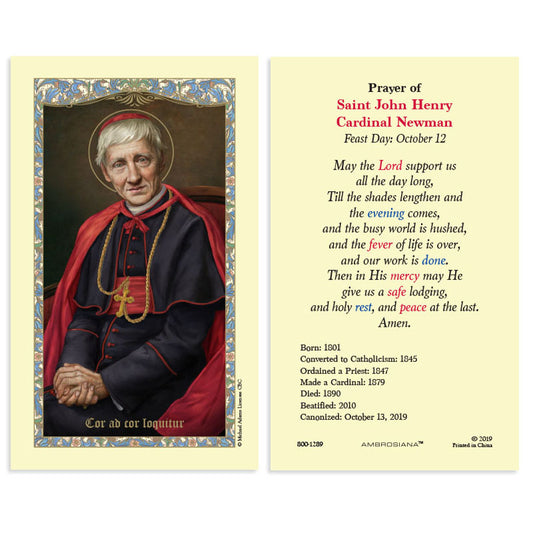 A laminated holy card featuring an image of Saint John Henry Cardinal Newman on the left and a prayer on the right.