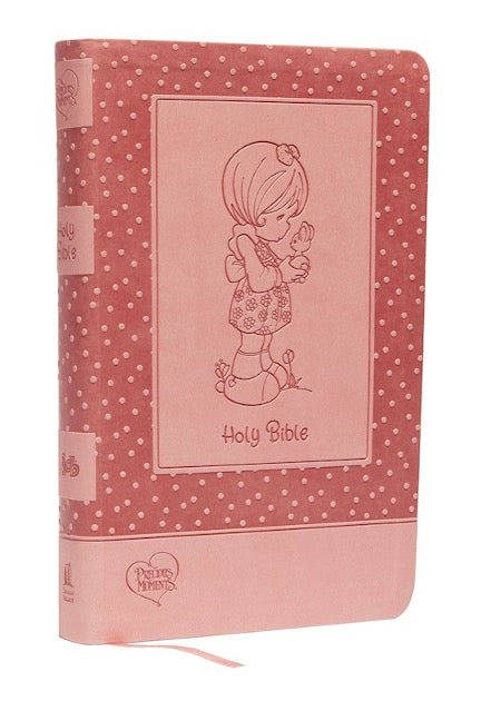 A leather soft cover of the 'Precious Moments Holy Bible' featuring a pink color with full-color illustrations and a butterfly design element.
