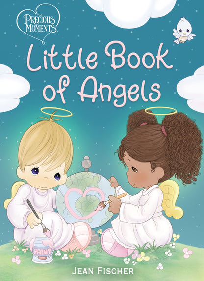 A board book titled 'Little Book of Angels' featuring two cartoon-style angel children with halos, set against a blue background with clouds.