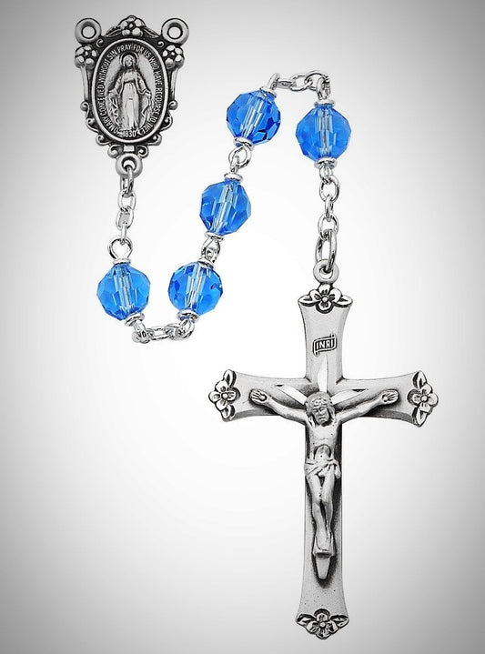 Blue Tin Cut Crystal Rosary Boxed