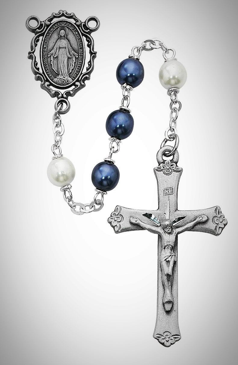 Blue and White Pearlized Rosary Boxed