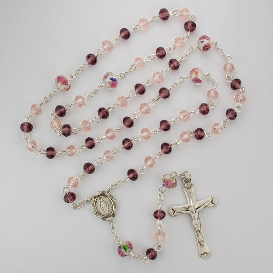 Chapelet avec Perles Fleurs Roses et Violettes de 6 mm