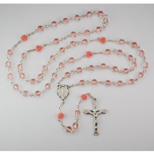 6mm Pink Rose Miraculous Rosary