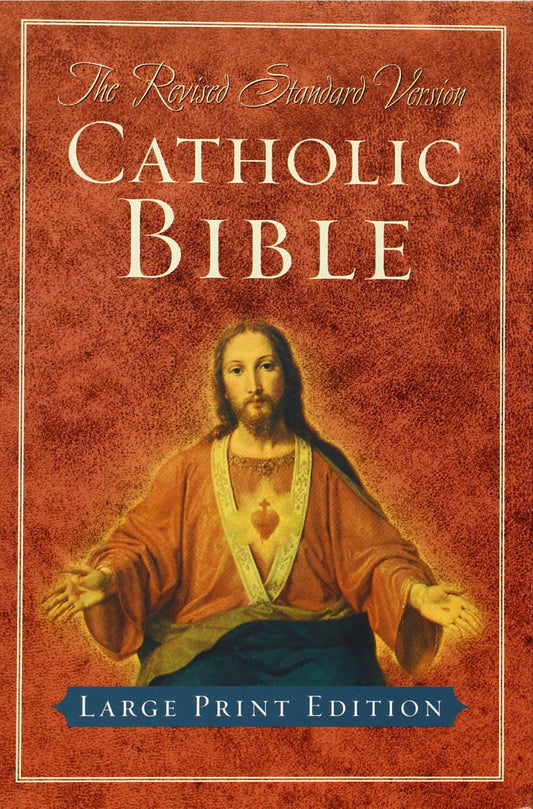 Cover of the RSV Catholic Large Print Bible featuring an illustration of Jesus Christ with a red and gold background, indicating the large print edition.