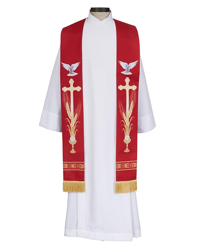 A white confirmation stole with red trim and a gold fringe, featuring a cross and floral design on the front.