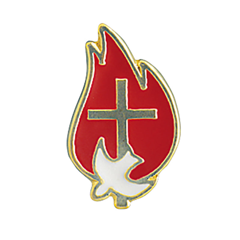 A gold plate and enamel lapel pin featuring a red flame with a white dove and a cross.