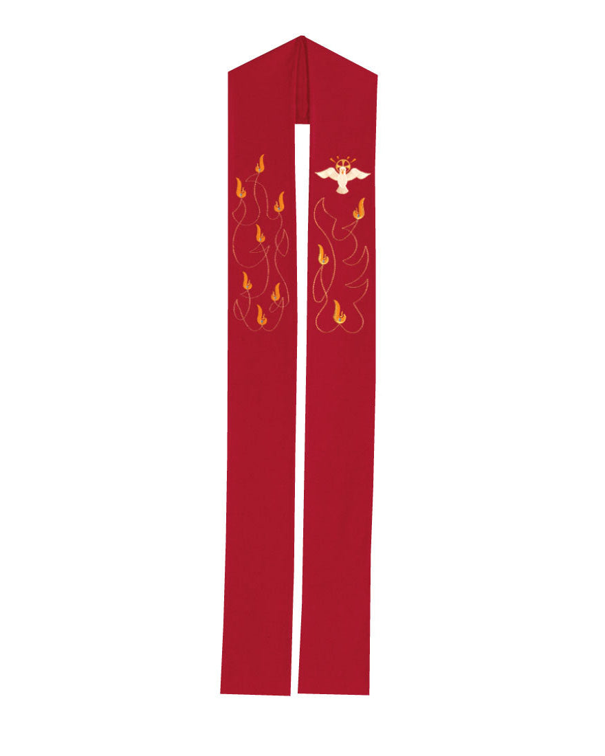 A red stole with white embroidery including a bird and flames, and a Holy Spirit symbol.