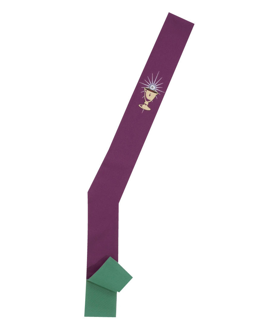 A deacon stole with a green and purple fabric, featuring a decorative emblem on the front.