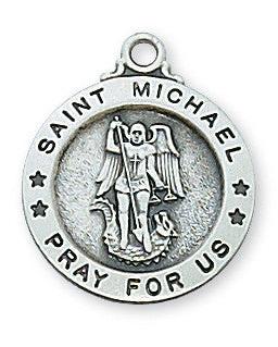 Sterling silver pendant featuring the figure of Saint Michael with the inscription 'SAINT MICHAEL PRAY FOR US' on a chain link.