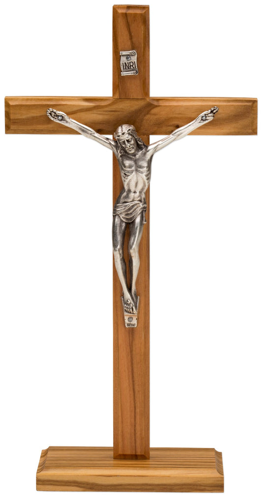 Olive Wood Standing Crucifix with Silver Corpus
