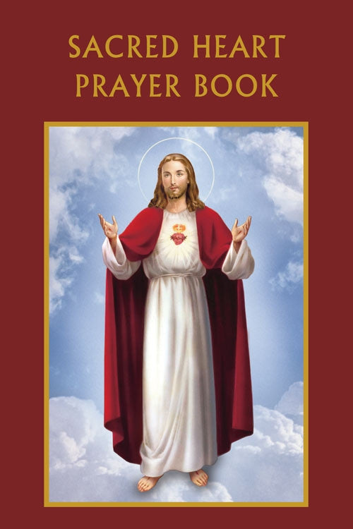 The cover of the Sacred Heart Prayer Book featuring an image of Jesus with a red heart on his chest against a blue sky background.