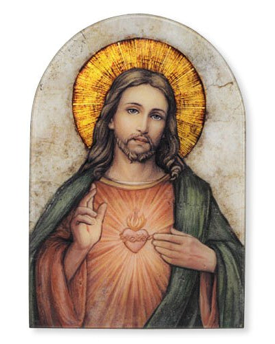 An arched wooden plaque featuring a stained glass-like design with the Sacred Heart of Jesus motif, with gold tones and a visible easel back for standing or hanging.