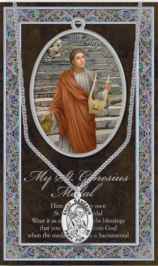 A St. Genesius medal in genuine pewter with a stainless steel chain, displayed on a card containing an embossed image of St.