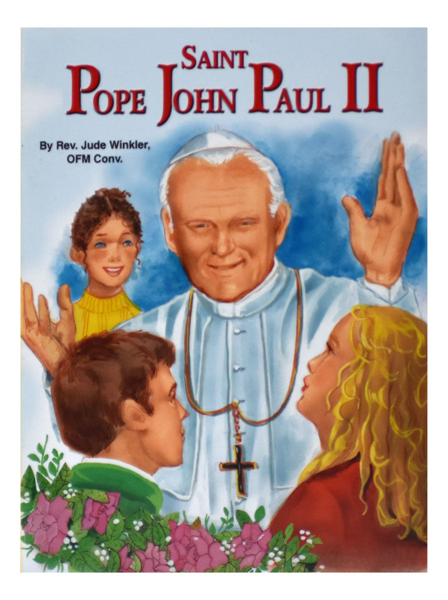 Cover of a children's book about Saint Pope John Paul II, featuring illustrations of the Pope and several children with a floral background.
