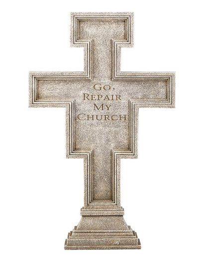 Decorative cross with 'Go Repair My Church' text on a white background
