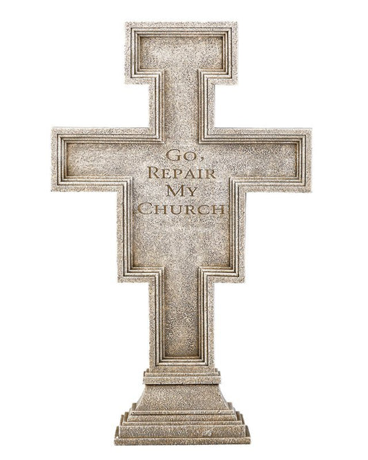 Decorative cross with 'Go Repair My Church' text on a white background