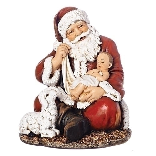 A figurine of Santa Claus holding a baby Jesus, accompanied by a sheep, intended for Christmas decoration.