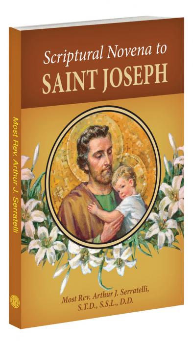A book cover of 'Scriptural Novena to SAINT JOSEPH' featuring an illustration of Saint Joseph holding the baby Jesus, surrounded by floral elements on a golden background.