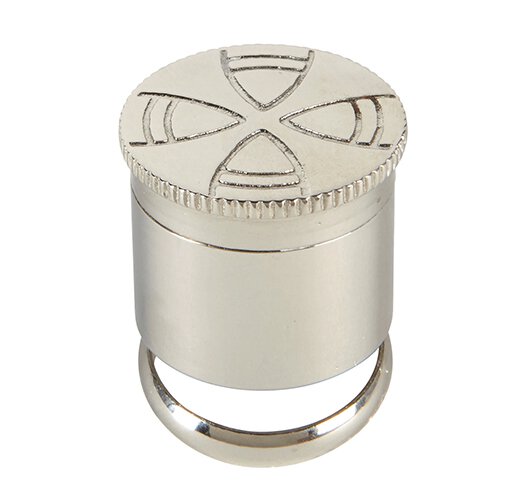 A stainless steel oil stock with a ring, featuring an embossed cross design on the top.