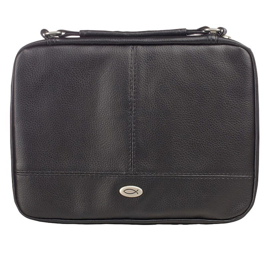 A black luxleather Bible cover with a cross emblem, featuring a zippered top, a handle, and pen loops.