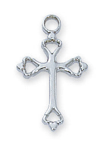 A sterling silver cross pendant with intricate detailing, displayed against a white background.