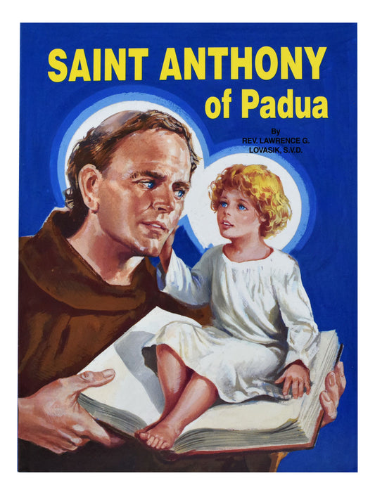 A book cover of 'Saint Anthony of Padua' featuring an illustration of a man and a young child with a halo around the man's head, set against a blue background.