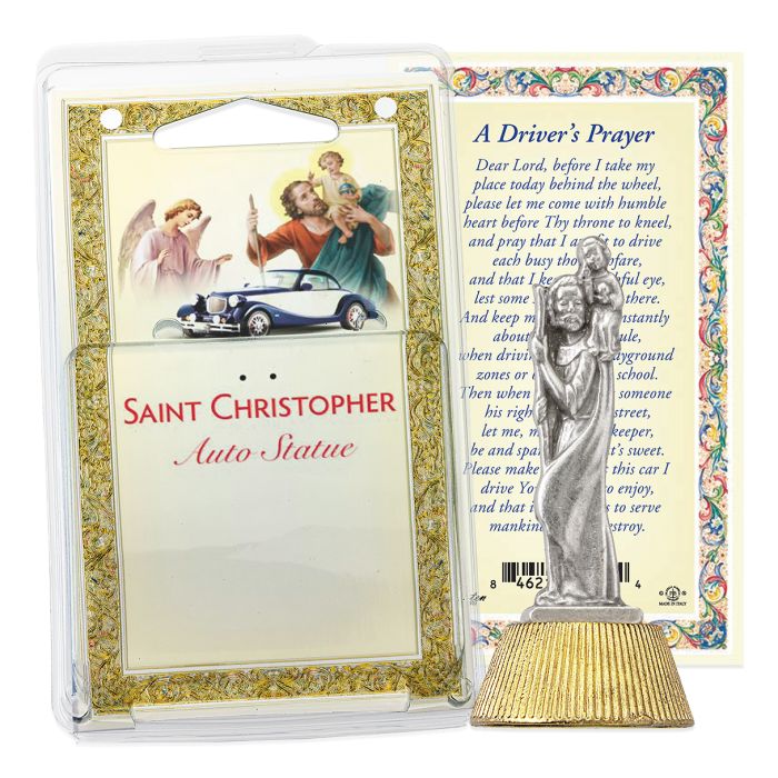 St. Christopher auto statue in antique silver color with a gold-stamped holy card, placed within clear packaging.