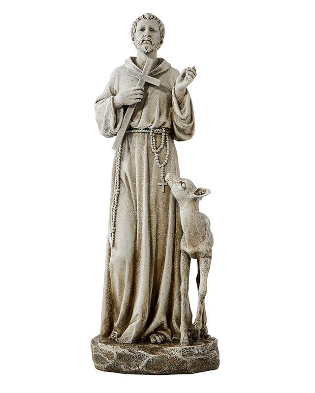A sculptured garden statue of St. Francis of Assisi with a deer, made of stone resin in a natural stone finish.