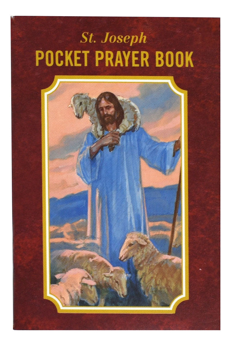 Cover of the St. Joseph Pocket Prayer Book featuring an illustration of Saint Joseph with a staff and a sheep, set against a rustic background.