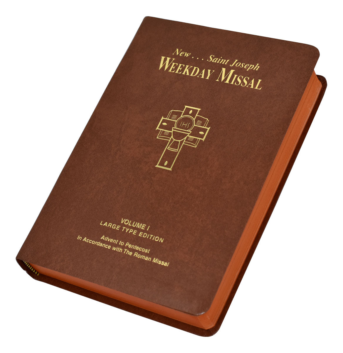 A brown, imitation leather bound Saint Joseph Weekday Missal, Volume I with gold embossed titling and a cross on the cover.