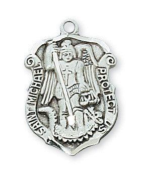 Sterling silver pendant featuring the figure of St. Michael with intricate detailing, attached to a rhodium plated brass chain.